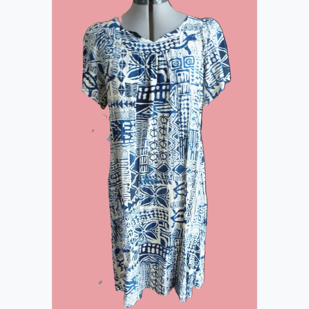 Vintage Hawaiian Dress Indigo Blue Ethnic Print Rayon Loose Cut Two Palms L
